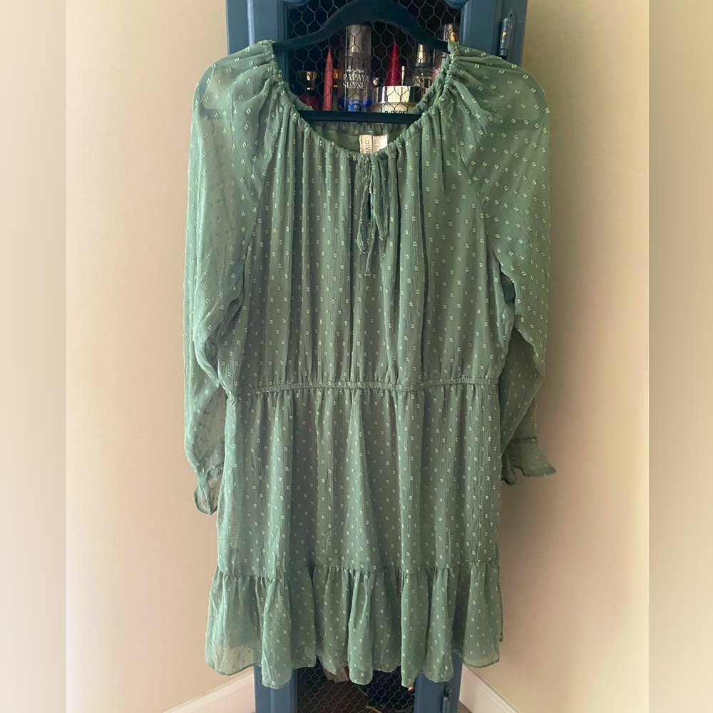 H&M - Divided Brand Olive Green Tier Dress with elastic waist and sheer sleeves